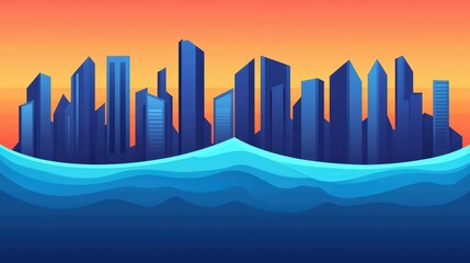 Stylized skyline silhouette against a vibrant sunset over ocean waves, capturing urban beauty and nature's contrast.