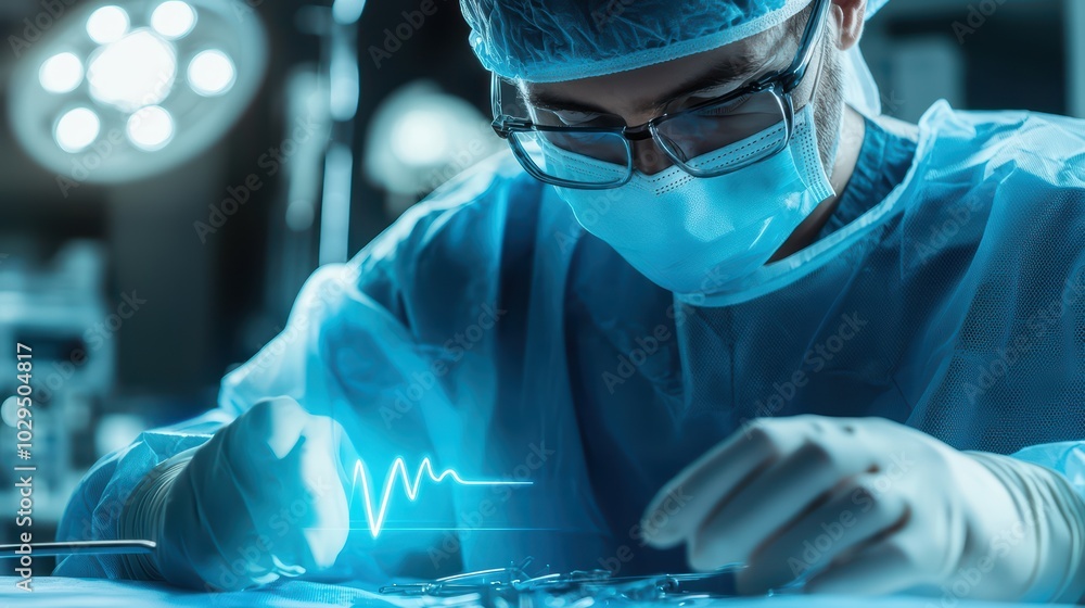 Poster surgeon performing a delicate operation with advanced technology and monitoring tools in a modern su