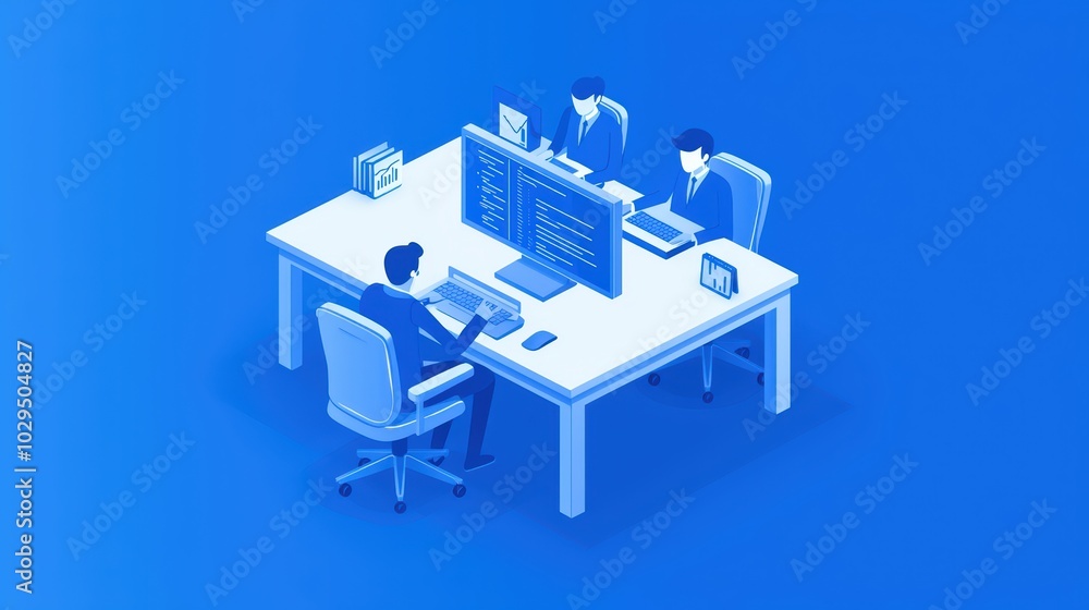 Aufkleber team of professionals working together at a modern desk with computers and data analysis tools, mode