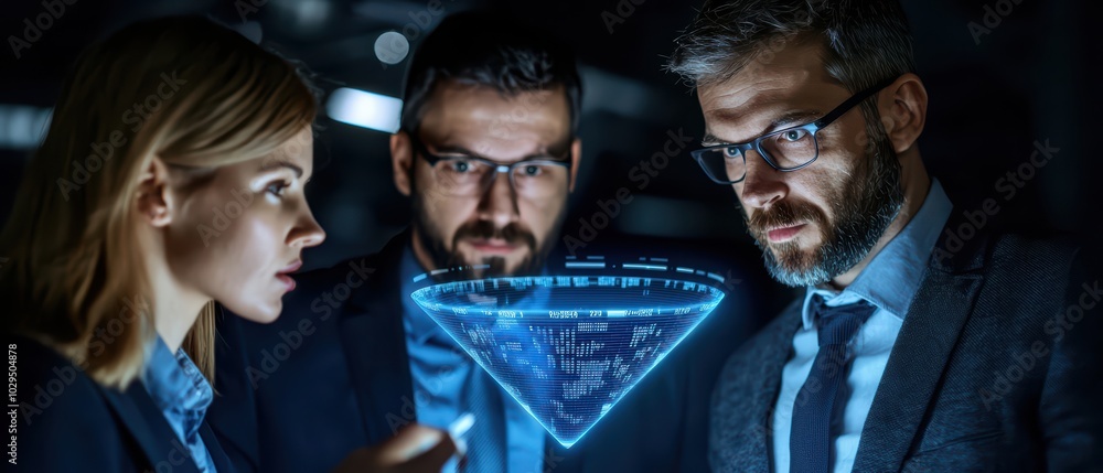 Aufkleber three professionals analyzing digital data projection with focus and concentration.