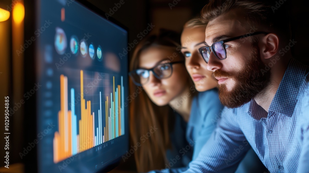 Poster three professionals analyzing data on a computer screen in a dimly lit office, showcasing teamwork a