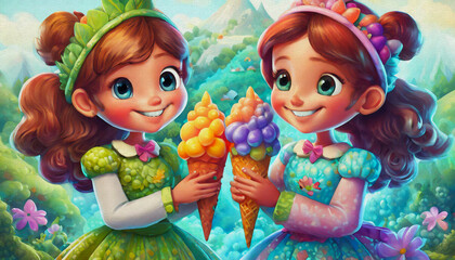 oil painting style CARTOON CHARACTER illustration  CUTE E a woman AND GIRL with long hair eats ice cream in a cone 