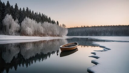 Obraz premium Winter morning in a rural landscape with a solitary boat on a calm lake. Snow-covered trees and a frozen shoreline frame the scene, evoking a sense of solitude and serenity in the crisp winter air.