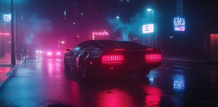 A retro futuristic car driving through a neon-lit city street on a rainy night, showcasing vibrant lights and reflections