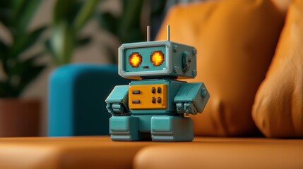 Fototapeta premium Vibrant toy robot with glowing eyes on a colorful couch, showcasing modern design and playful aesthetics.