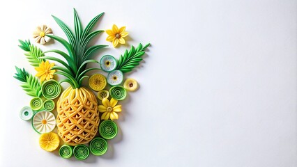 Whimsical paper quilling of yellow and green pineapple with palm leaves and flowers