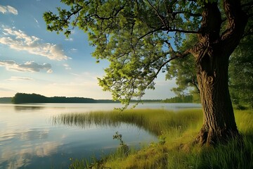 Obraz premium Tranquil lakeside landscape with a large tree and calm water