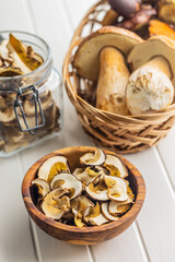 Dried porcini mushrooms. Sliced boletus in bowl on white table.