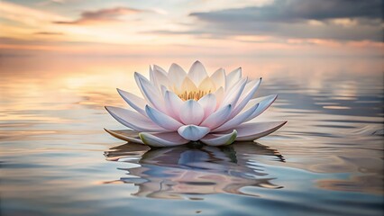Serene lotus flower floating on calm water at sunset