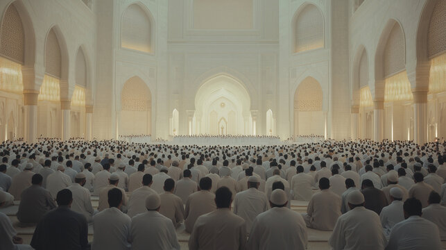 Imam leading the congregation at Friday prayers (Jummah) in a grand mosque, reciting Quranic verses photo