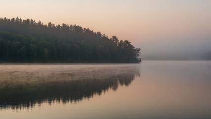 Fototapeta premium Soft morning fog hovering over a tranquil lake, reflecting the silhouette of distant trees. This peaceful scene blends the stillness of water with the mystique of fog in a natural, quiet setting