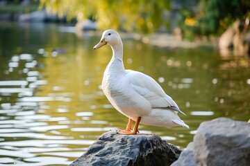 Fototapeta premium White duck standing on a rock by a peaceful lake