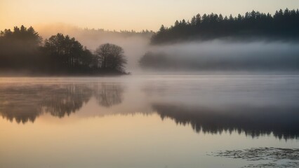 Fototapeta premium Soft morning fog hovering over a tranquil lake, reflecting the silhouette of distant trees. This peaceful scene blends the stillness of water with the mystique of fog in a natural, quiet setting