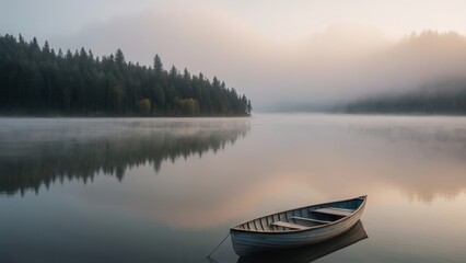 A wooden boat gently floats on a mist-covered lake at dawn, surrounded by dense fog and a tranquil forest. The serene atmosphere and fog over the water create a peaceful, mysterious scene.