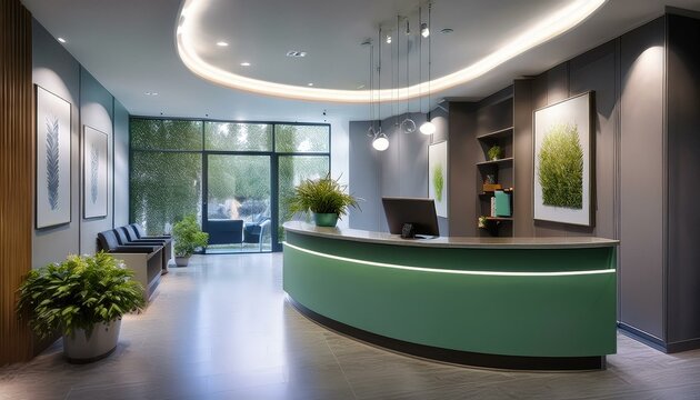  A grey and green reception desk in a modern doctor's office, with a stylish pendant light ha 