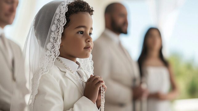 Child holding a rosary at their first Holy Communion, dressed in a white suit and veil with proud parents nearbyphoto