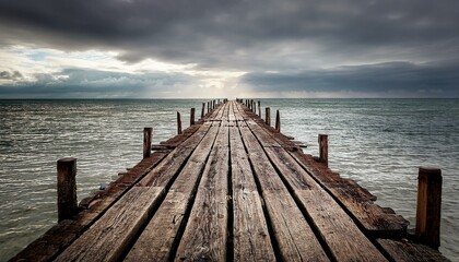 Obraz premium A low-angle shot of a weathered pier, with its aged wooden beams exposed, leading out to a d