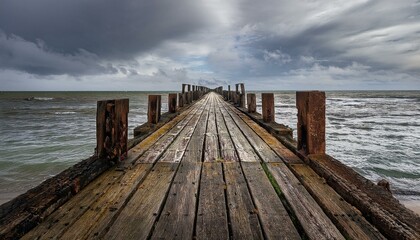 Obraz premium A low-angle shot of a weathered pier, with its aged wooden beams exposed, leading out to a d 