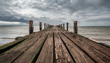  A low-angle shot of a weathered pier, with its aged wooden beams exposed, leading out to a d 