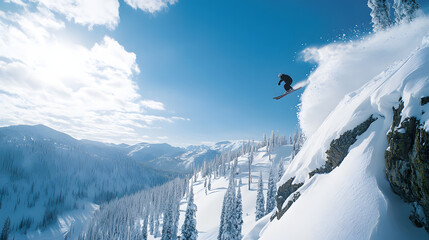 A skier hitting a massive air off a natural cliff in the backcountry with the snow-covered mountains and bright blue sky in the background.