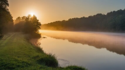 Obraz premium A gentle fog blankets a peaceful river at sunrise, with warm sunlight reflecting off the mist and water. The soft fog over the water and the lush green banks create a serene and atmospheric rural scen