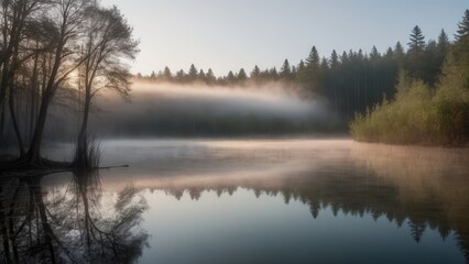 Obraz premium Misty morning over a quiet forest pond, with soft fog rolling over the still water and trees reflecting in the calm surface. The scene evokes a peaceful and serene atmosphere, typical of nature's quie