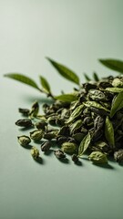 Green cardamom seeds with leaves arranged on a soft pastel surface in natural light