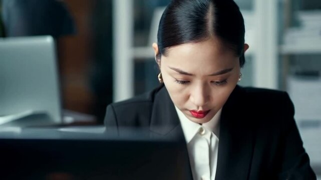 An Asian businesswoman with fair skin and sharp features sits at a cluttered office desk. Her expression is serious, A laptop displaying financial data