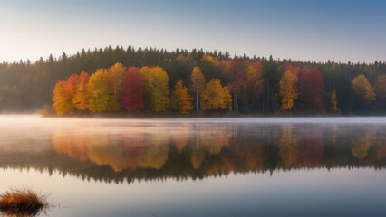 Fototapeta premium Misty autumn morning on a peaceful lake surrounded by colorful trees. The fog over the water creates a dreamy atmosphere, with the vibrant fall foliage reflected in the calm surface of the lake