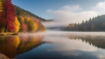 Fototapeta premium Misty autumn morning on a peaceful lake surrounded by colorful trees. The fog over the water creates a dreamy atmosphere, with the vibrant fall foliage reflected in the calm surface of the lake