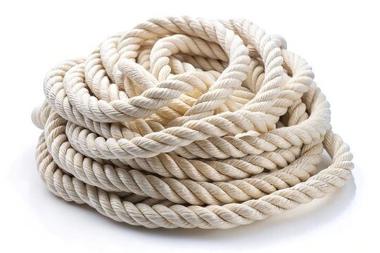 White natural rope twisted into a pile isolated on a white background