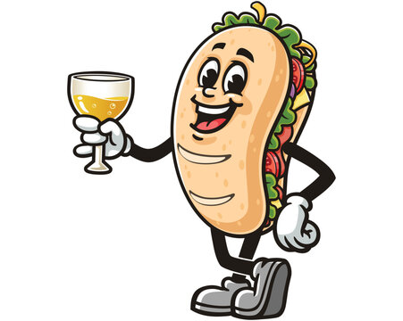 recommend clip art: Sub Sandwich with a glass of wine, Cartoon Mascot Illustration Character Vector Clip-art Hand-drawn Logo Design