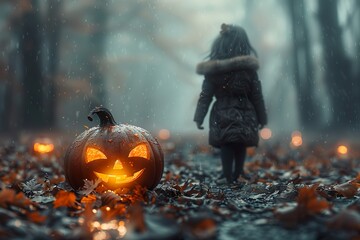 Halloween night little girl in the forest, scary pumpkins.