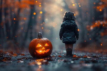 Halloween night little girl in the forest, scary pumpkins.