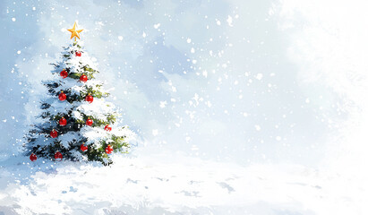 Obraz premium Decorated Christimas Pine Tree on Snowy Background Banner with Copy Space
