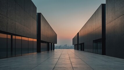 Fototapeta premium Modern architecture at sunset with dark buildings framing a serene urban landscape