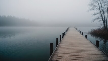 Naklejka premium A lone pier reaches into the fog-covered lake, creating a serene and mysterious atmosphere. The dense fog blurs the boundaries between the water and sky, evoking a sense of stillness and calm