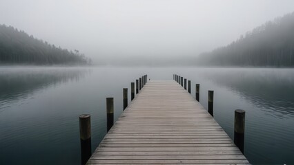 Obraz premium A lone pier reaches into the fog-covered lake, creating a serene and mysterious atmosphere. The dense fog blurs the boundaries between the water and sky, evoking a sense of stillness and calm