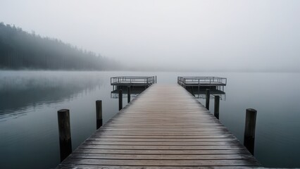 A lone pier reaches into the fog-covered lake, creating a serene and mysterious atmosphere. The dense fog blurs the boundaries between the water and sky, evoking a sense of stillness and calm