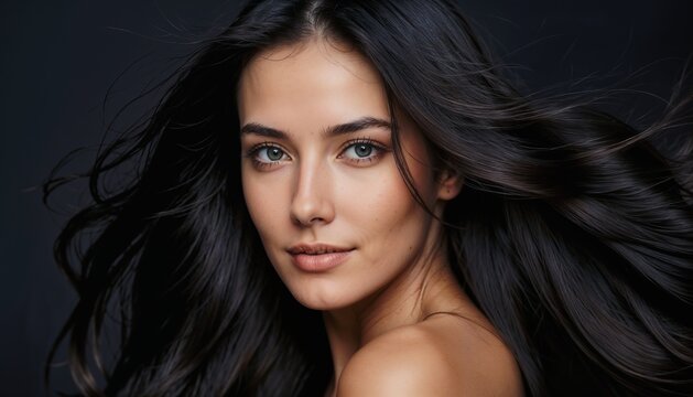 Close-up portrait of a young woman with flowing hair. Capturing elegance, beauty, and a serene expression. Perfect for concepts related to beauty, fashion, and natural grace.

