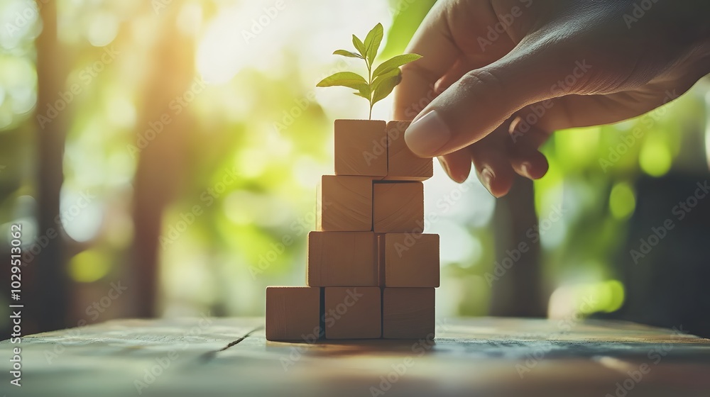 Poster hand stack woods block step on table with icon business strategy and action plan. business investmen