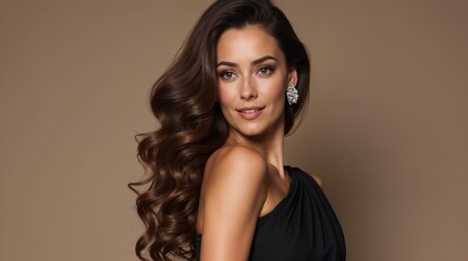 Naklejka premium Portrait of a stylish woman with long, flowing brown hair and elegant black dress. She exudes confidence and beauty, presenting an alluring and sophisticated look. Perfect for fashion or beauty themes