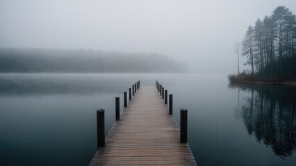 Naklejka premium A lone pier reaches into the fog-covered lake, creating a serene and mysterious atmosphere. The dense fog blurs the boundaries between the water and sky, evoking a sense of stillness and calm