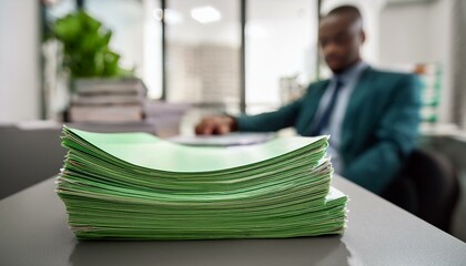 A stack of green informational brochures neatly arranged on a grey side table in a doctor's