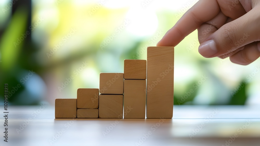 Poster hand stack woods block step on table with icon business strategy and action plan. business investmen
