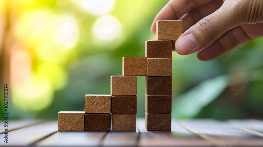 Poster hand stack woods block step on table with icon business strategy and action plan. business investmen