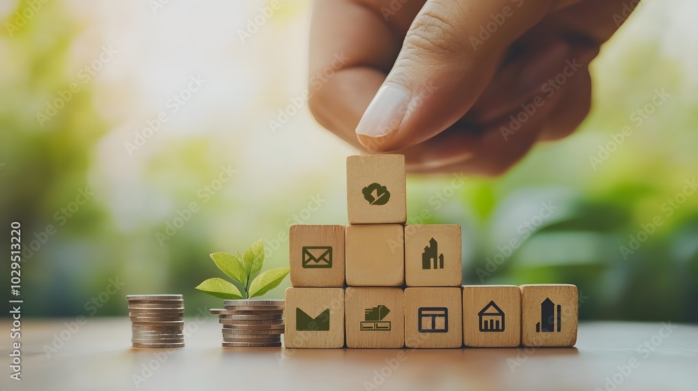 Poster hand stack woods block step on table with icon business strategy and action plan. business investmen