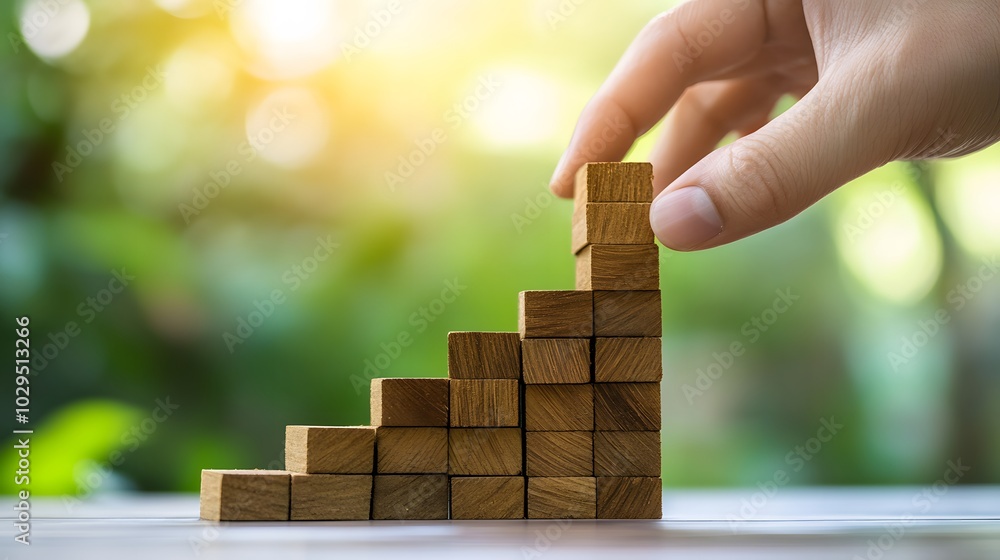Poster hand stack woods block step on table with icon business strategy and action plan. business investmen