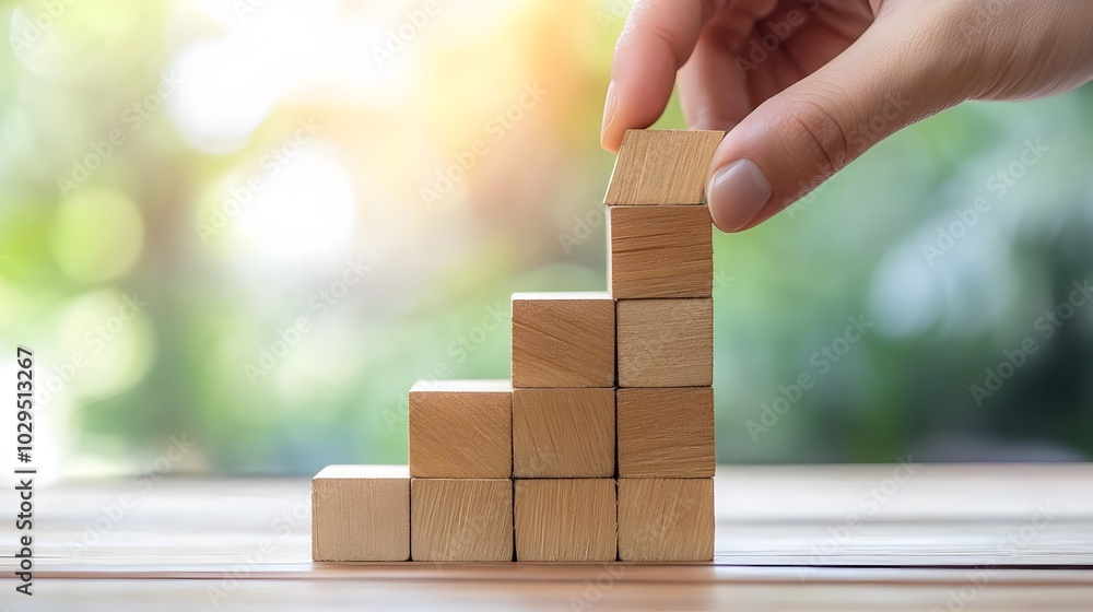 Poster hand stack woods block step on table with icon business strategy and action plan. business investmen
