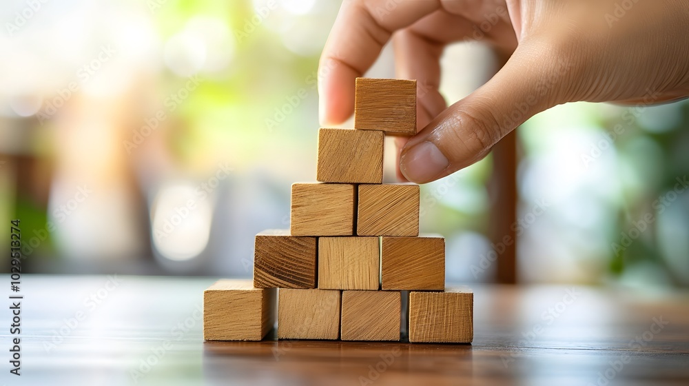 Poster hand stack woods block step on table with icon business strategy and action plan. business investmen